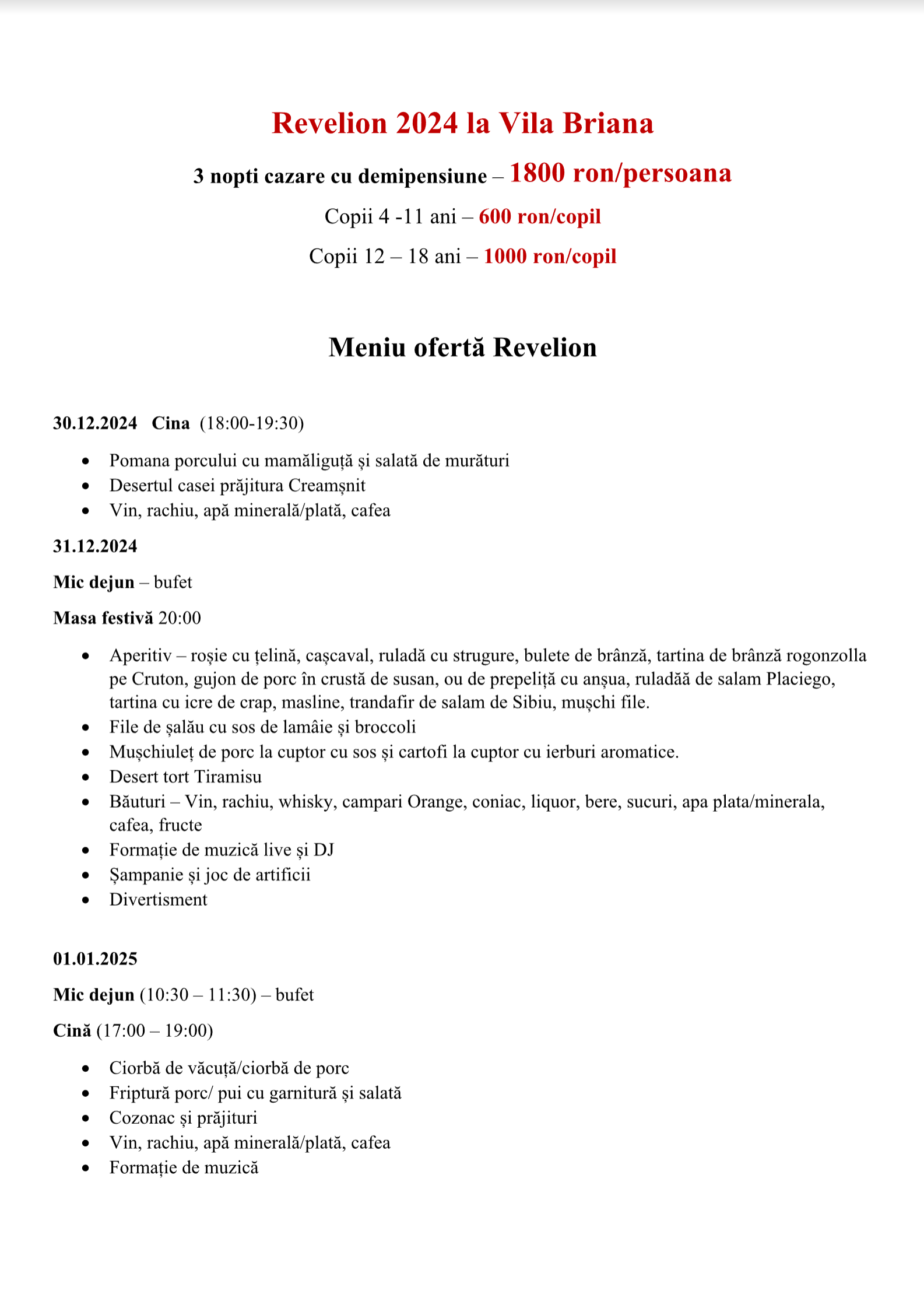 Meniu oferta Revelion 2025 Vila Briana